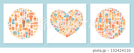 Flat set of sunscreen concept with spf bottle and tube form in circle and heart shapes. Cream, lotion or sunblock spray as summer protection product, perfect for cosmetic care themes. Flat set of sunscreen concept with spf bottle and tube form in circle and heart shapes. Cream, lotion or sunblock spray as summer protection product, perfect for cosmetic care themes. 132424110