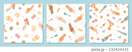 Flat seamless pattern with sunscreen bottle shapes and tube, sunblock lotion spray motifs, spf cosmetic product design for summer care. Pattern shows two hands that hold tube and bottle, ideal for Flat seamless pattern with sunscreen bottle shapes and tube, sunblock lotion spray motifs, spf cosmetic product design for summer care. Pattern shows two hands that hold tube and bottle, ideal for 132424131