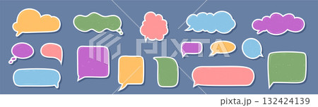 Set of hand drawn speech balloon stickers with rough organic style sticker. This circle cloud chat bubble collection adds round textbox and message elements for conversation and playful 132424139