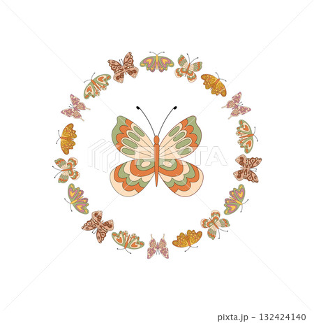 Groovy y2k butterfly border with floral pattern and colorful circle frame. Nature motif creates a graphic decorative border, bringing vibrant retro style and modern vintage inspiration to 132424140