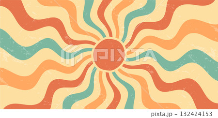 Groovy retro sun burst with wavy orange and yellow pattern in horizontal orientation. Grungy sunshine background fills the graphic with energetic y2k style and vintage burst for creative projects. 132424153