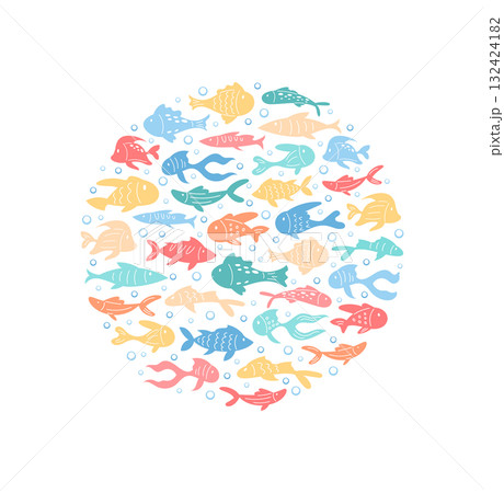 Underwater circle with marine fish in vibrant cartoon graphic style. Round group of aquatic life swims in seamless ocean background. Creative design concept for marine visuals. 132424182