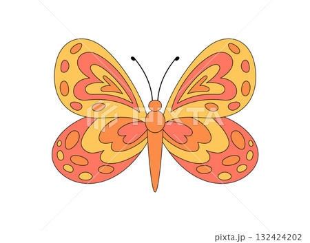 Groovy retro butterfly cartoon in cute and colorful style. Funky orange butterfly as a groovy element with happy y2k vibe. Trendy pop icon for playful or vintage creative project concepts. Groovy retro butterfly cartoon in cute and colorful style. Funky orange butterfly as a groovy element with happy y2k vibe. Trendy pop icon for playful or vintage creative project concepts. 132424202
