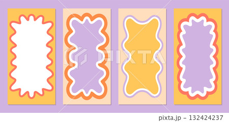 Groovy rectangle frame set in retro and funky abstract shape with colorful wavy outline. Modern y2k border for background, creative outline as artistic graphic element and trendy decoration. Groovy rectangle frame set in retro and funky abstract shape with colorful wavy outline. Modern y2k border for background, creative outline as artistic graphic element and trendy decoration. 132424237
