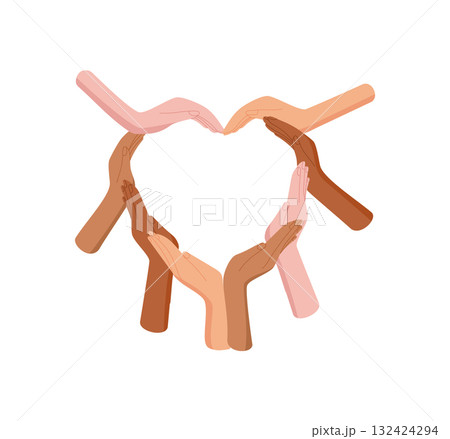 Colorful hands form heart shape. Raised arms symbolize unity, solidarity, and love. Representation of diverse people and community support in multicultural context, perfect for social, unity, Colorful hands form heart shape. Raised arms symbolize unity, solidarity, and love. Representation of diverse people and community support in multicultural context, perfect for social, unity, 132424294