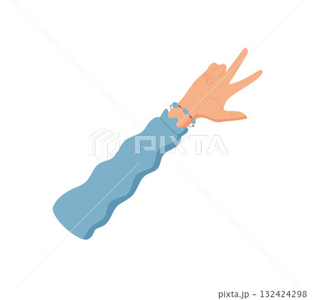 Flat style hand gesture for number three. Human hand pose with three extended fingers, ideal for counting and math usage. Cartoon style with sleeve, isolated graphic. Flat style hand gesture for number three. Human hand pose with three extended fingers, ideal for counting and math usage. Cartoon style with sleeve, isolated graphic. 132424298