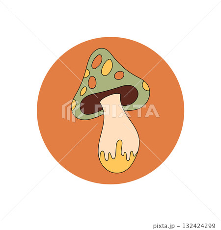 Groovy retro mushroom sticker in cartoon graphic style decorates a round orange circle. Shroom emblem acts as seal for lid and package, y2k product badge for playful uses. Groovy retro mushroom sticker in cartoon graphic style decorates a round orange circle. Shroom emblem acts as seal for lid and package, y2k product badge for playful uses. 132424299