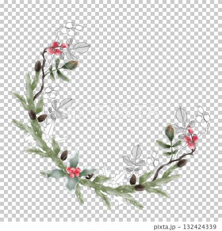 Illustration of a Christmas arrangement in a semicircle made of fir branches and red berries. Watercolor and graphic style. Illustration of a Christmas arrangement in a semicircle made of fir branches and red berries. Watercolor and graphic style. 132424339