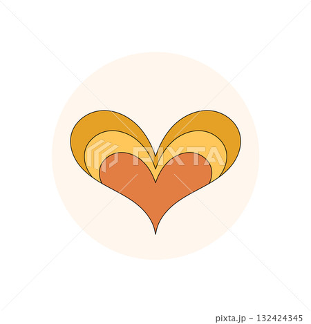 Retro groovy heart sticker with orange and circle shape forms a unique seal for package lid. Love and y2k style graphic perfect as package label or creative emblem. Retro groovy heart sticker with orange and circle shape forms a unique seal for package lid. Love and y2k style graphic perfect as package label or creative emblem. 132424345