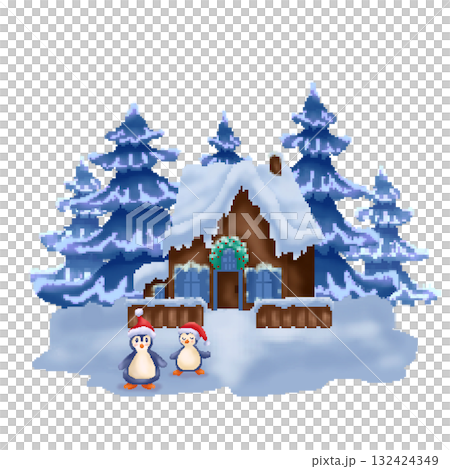 Pixel Christmas house with penguins and snowy spruce trees Pixel Christmas house with penguins and snowy spruce trees 132424349