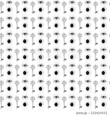 A graphic seamless pattern in a sketch style. Antique key, all-seeing eye, and the moon with the sun. Symbolism and esotericism. A graphic seamless pattern in a sketch style. Antique key, all-seeing eye, and the moon with the sun. Symbolism and esotericism. 132424351