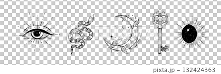Sketch-style drawings of astrology and spirituality. The all-seeing eye, an antique key, a snake, a full moon, the sun. Sketch-style drawings of astrology and spirituality. The all-seeing eye, an antique key, a snake, a full moon, the sun. 132424363