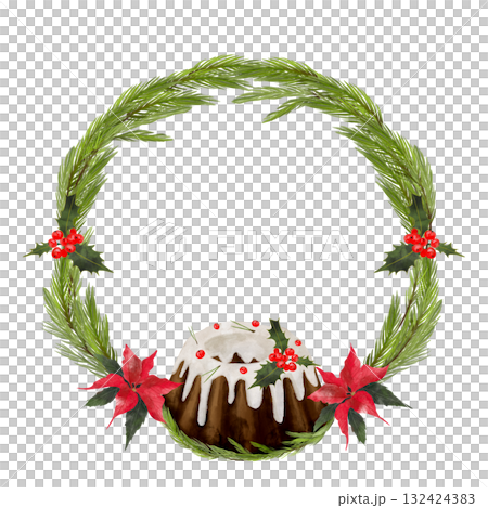 Christmas watercolor illustration of a fir wreath with a traditional cake, red berries, and flowers. Designs for greeting cards. 132424383