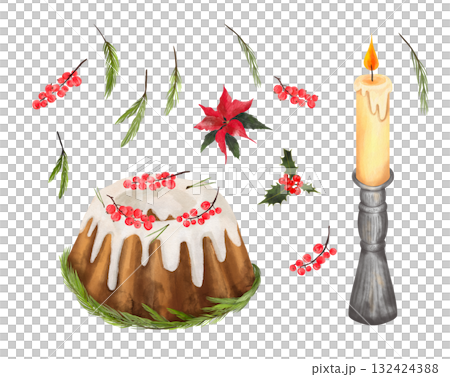 A set of Christmas watercolor illustrations: a cupcake with frosting and red berries, a candle, and fir branches. 132424388