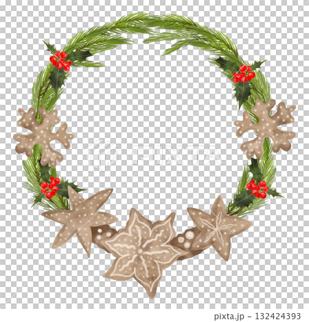 Watercolor illustration of a coniferous Christmas wreath with gingerbread cookies and red holly berries. Hand-drawn. 132424393