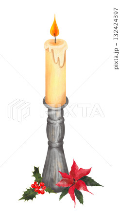 Watercolor illustration of a Christmas candle in a silver candlestick with sacred red berries and a flower. Hand drawn. 132424397