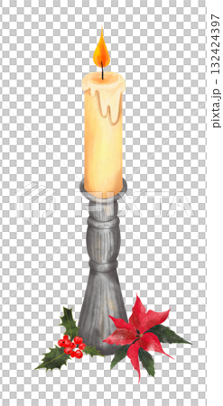 Watercolor illustration of a Christmas candle in a silver candlestick with sacred red berries and a flower. Hand drawn. 132424397