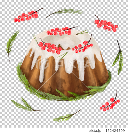 Watercolor illustration of a Christmas cake and pastries with red currants berries, with fir branches. Hand-drawn. Watercolor illustration of a Christmas cake and pastries with red currants berries, with fir branches. Hand-drawn. 132424399