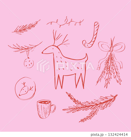 Vector linear doodle set whimsical Christmas. Reindeer, fir branches, cocoa cookies, garland. 132424414