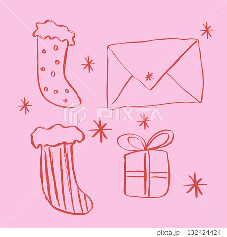 Vector linear doodle set whimsical Christmas. Gifts, a letter to Santa, and gift socks. 132424424