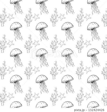 Seamless sketch-style pattern featuring sea creatures. Seaweed, jellyfish, starfish. 132424426