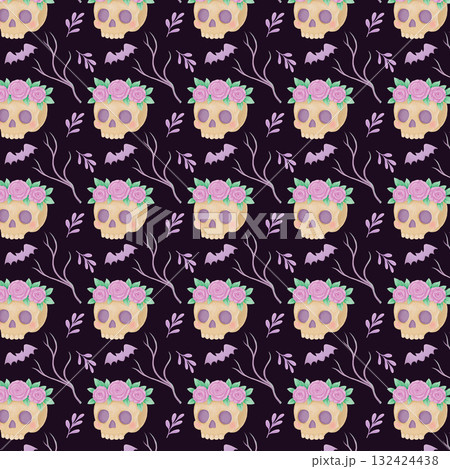 A cute pattern for Halloween and Day of the Dead featuring watercolor-style skulls. A cute skull and a bat in dark colors. 132424438