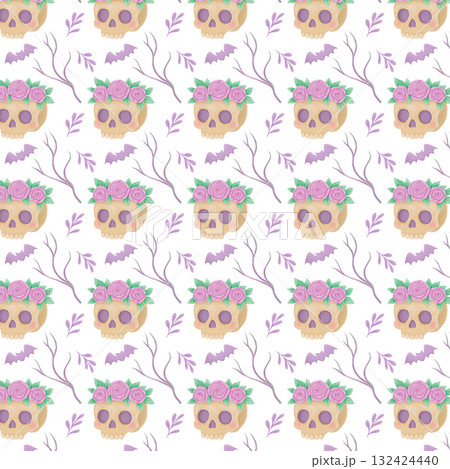 A cute pattern for Halloween and Day of the Dead featuring watercolor-style skulls. A cute skull and a bat in light colors. 132424440