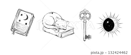 A series of sketch drawings on the theme of a mysterious magical house. Old key, a cat, moon, a book of spells, astrology. A series of sketch drawings on the theme of a mysterious magical house. Old key, a cat, moon, a book of spells, astrology. 132424462