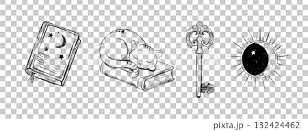 A series of sketch drawings on the theme of a mysterious magical house. Old key, a cat, moon, a book of spells, astrology. A series of sketch drawings on the theme of a mysterious magical house. Old key, a cat, moon, a book of spells, astrology. 132424462