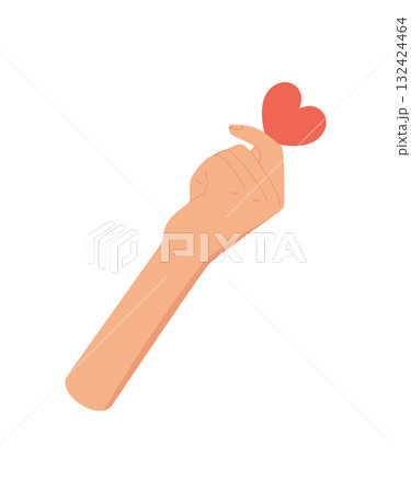 Flat hand holding a red heart symbol. Minimalistic gesture of love and hope emphasizes human support and charity. Creative concept for giving, care, philanthropy themes. 132424464