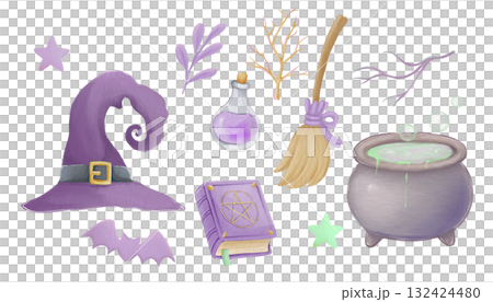 Watercolor lilac illustrations of a witch's Halloween set. Cute children's illustrations. Watercolor lilac illustrations of a witch's Halloween set. Cute children's illustrations. 132424480
