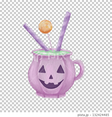 Watercolor illustration of a cute purple pumpkin-shaped mug with a drink for Halloween. 132424485