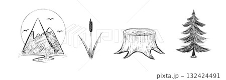 A set of sketch-style drawings of nature. Mountains, reeds, rivers, lakes, foam, fir trees, trees. 132424491
