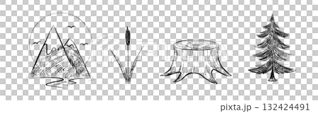 A set of sketch-style drawings of nature. Mountains, reeds, rivers, lakes, foam, fir trees, trees. A set of sketch-style drawings of nature. Mountains, reeds, rivers, lakes, foam, fir trees, trees. 132424491