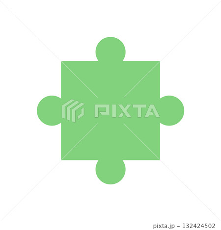 Flat silhouette of a green jigsaw puzzle piece. Isolated graphic of a tile for table games and entertainment. Simple element for toys, boardgames, or playful childhood activities. 132424502