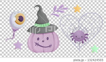 A set of purple watercolor elements for a cute Halloween. A pumpkin in a hat, a spider, an eyeball, stars, and a leaf. A set of purple watercolor elements for a cute Halloween. A pumpkin in a hat, a spider, an eyeball, stars, and a leaf. 132424503