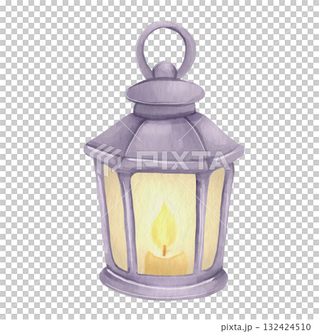 A fairy-tale illustration of a glass lantern with a burning candle. A watercolor-style children's drawing for Christmas. A fairy-tale illustration of a glass lantern with a burning candle. A watercolor-style children's drawing for Christmas. 132424510