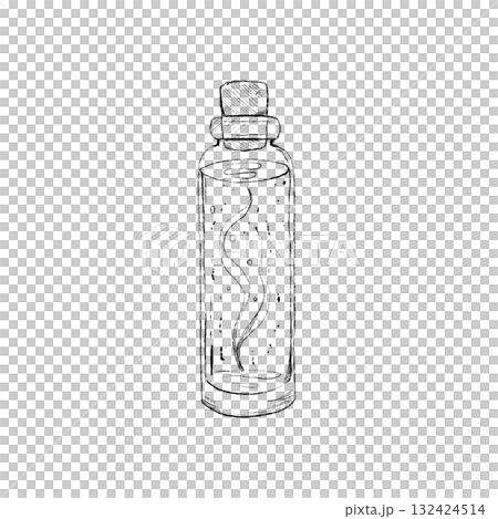 A sketch-style drawing of a small glass jar containing a drink, medicine, or potion. 132424514