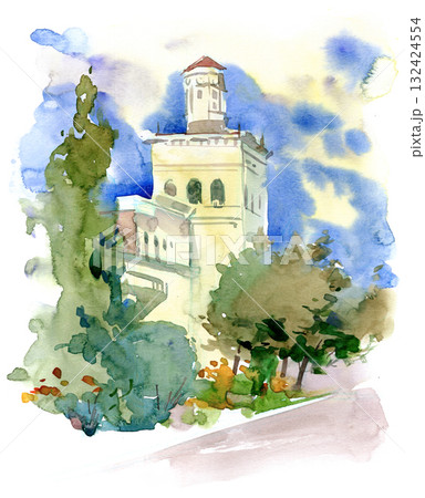 Watercolor painting of an old tower surrounded by trees and a blue sky 132424554