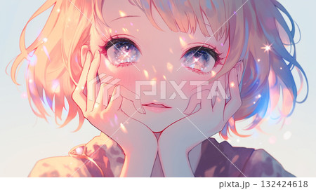 光を映したキラキラした瞳が印象的な女の子の繊細なイラスト「生成AI」 132424618