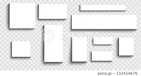 Set of square and rectangular posters, banners, web sidebars or cards shadow effects. White paper mockups with soft blurry shades isolated on transparent background. Vector realistic illustration. 132424676