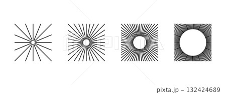 Straight radial lines in square shapes. Set of sunburst icons. Solar signs. Radiance, explosion or firework symbols isolated on white background. Vector graphic illustration 132424689