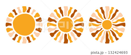 Set of groovy sun shapes. Sunbeam, sunrise or sunset symbols. Spring or summer theme signs. Good positive vibes concept. Modern funny prints. Hippy design elements. Vector flat illustration Set of groovy sun shapes. Sunbeam, sunrise or sunset symbols. Spring or summer theme signs. Good positive vibes concept. Modern funny prints. Hippy design elements. Vector flat illustration 132424693