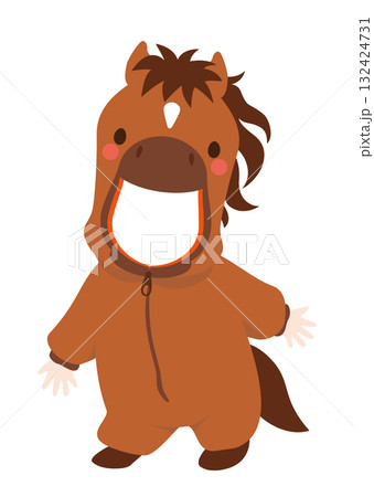 口の中が透過加工され写真をはめ込むことができる、2026年午年の年賀状に適した馬の着ぐるみのベクター 132424731