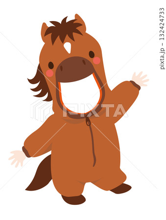 口の中が透過加工され写真をはめ込むことができる、2026年午年の年賀状に適した馬の着ぐるみのベクター 口の中が透過加工され写真をはめ込むことができる、2026年午年の年賀状に適した馬の着ぐるみのベクター 132424733
