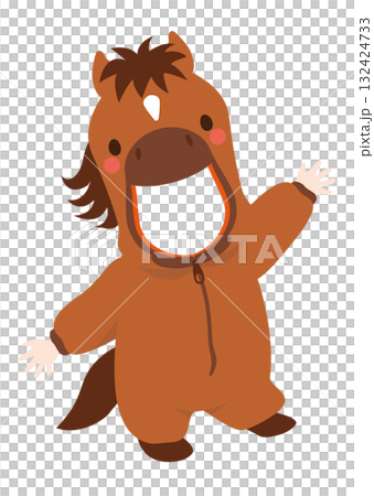 適合 2026 年馬年新年賀卡的馬匹服裝向量圖，嘴巴透明，可插入照片。 132424733
