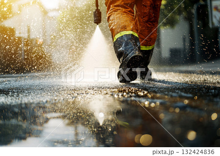 Man operating high pressure water jet and vigorously cleaning sidewalk and driveway 132424836