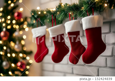 Three red christmas stockings on fireplace mantle Three red christmas stockings on fireplace mantle 132424839