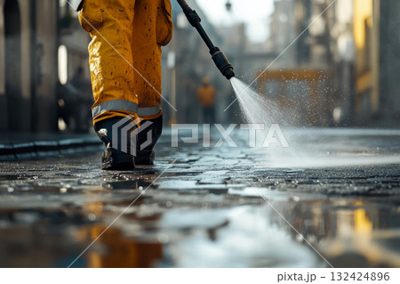 Workers use a pressure washer to clean the driveway of dirt on road city. 132424896