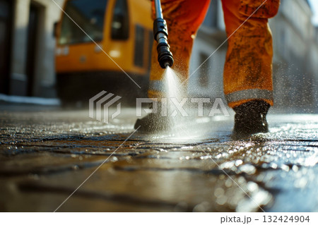 Workers use a pressure washer to clean the driveway of dirt on road city. 132424904